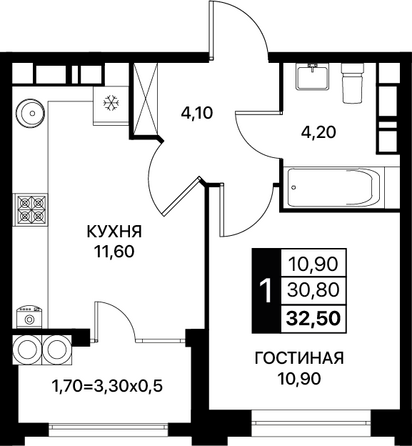 Планировка 1-комн 32,5 - 33,4 м²