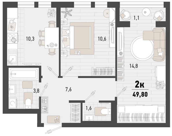 Планировка 2-комн 49,8 м²