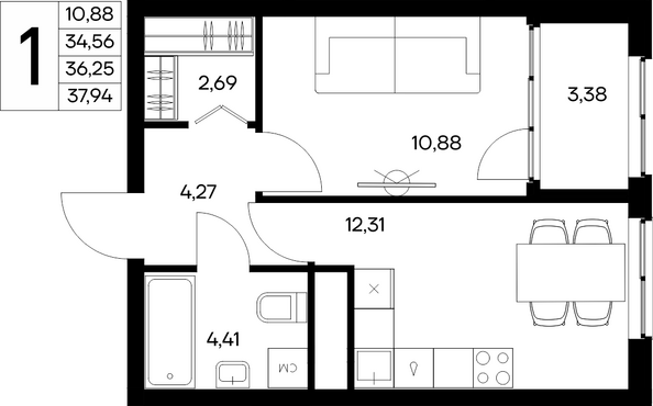 Планировка 1-комн 37,94 м²
