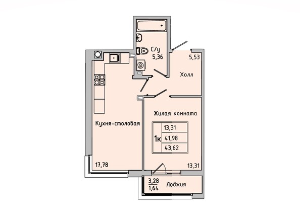 Планировка 1-комн 42,94 - 43,62 м²