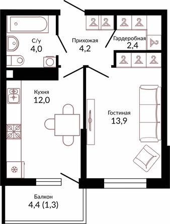 Планировка 1-комн 37,8 м²