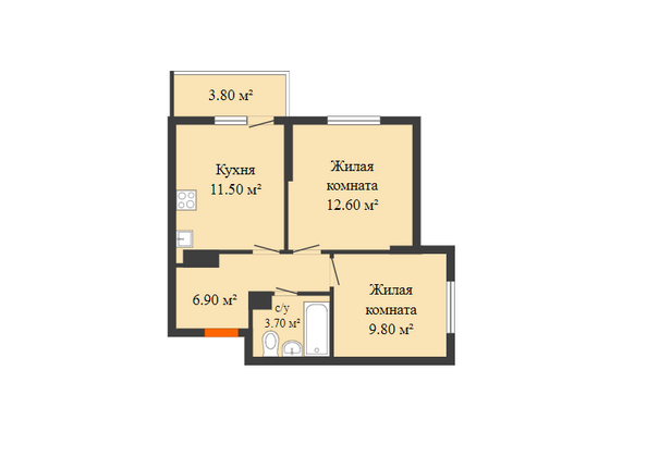 Планировка 2-комн 46,5 м²
