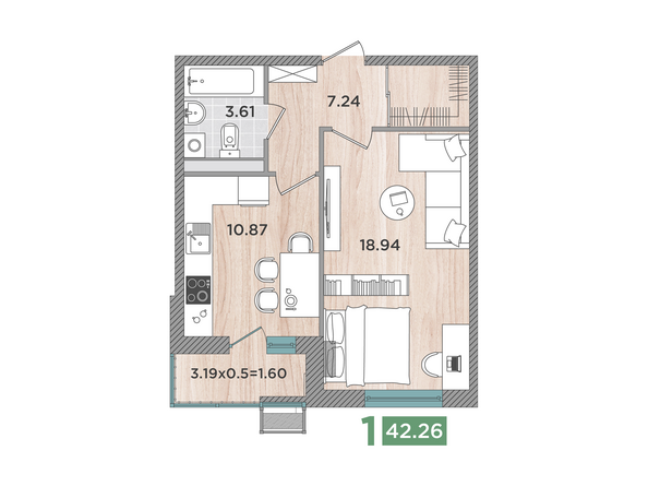 Планировка 1-комн 42,26 м²