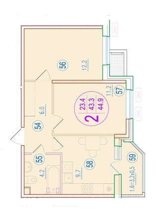 Планировка 2-комн 44,9 м²