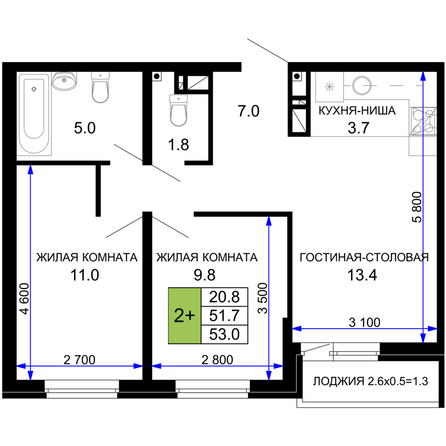 Планировка 2-комн 53 м²