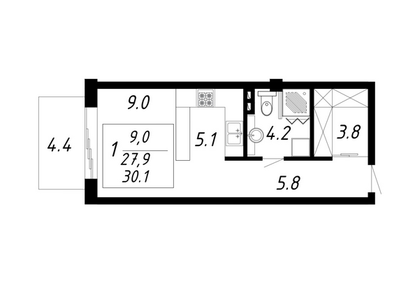 Планировка Студия 30,1 м²