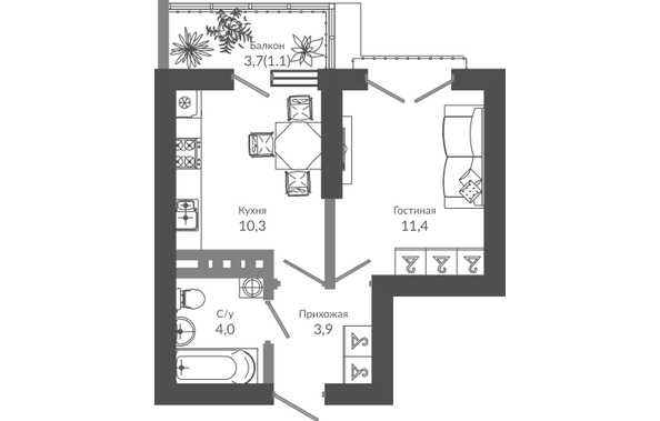 Планировка 1-комн 30,7 м²