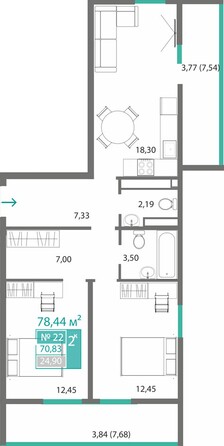 Планировка 2-комн 70,83 м²
