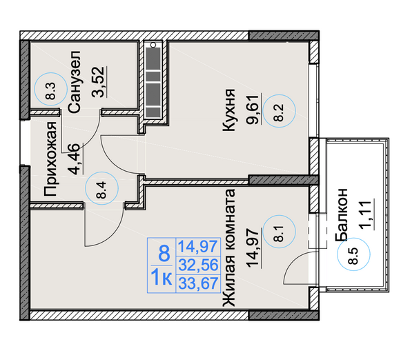 Планировка 1-комн 33,67 м²