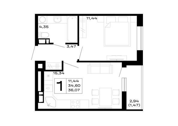 Планировка 1-комн 36,07 м²