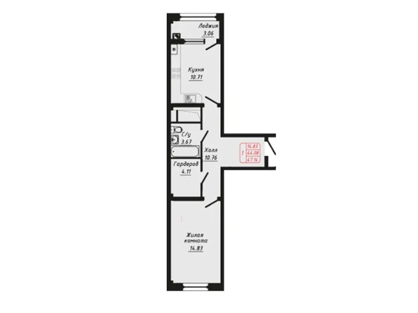 Планировка 1-комн 47,14 м²