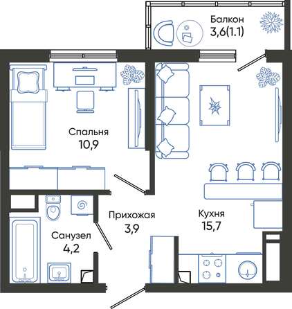 Планировка 1-комн 35,7 - 36,7 м²