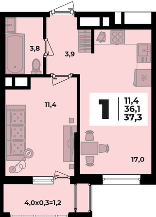 Планировка 1-комн 37,3 м²