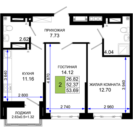 Планировка 2-комн 53,69 м²