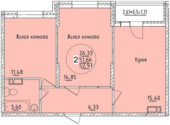 Планировка 2-комн 52,97 м²