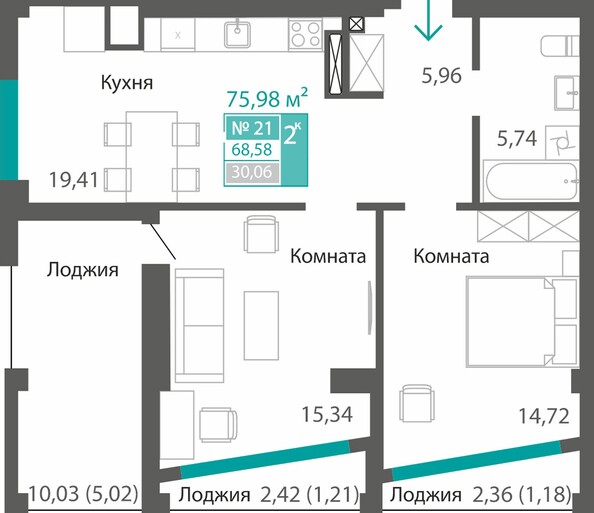 Планировка 2-комн 68,58, 68,86 м²