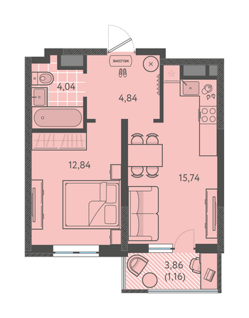 Планировка 1-комн 38,62 м²