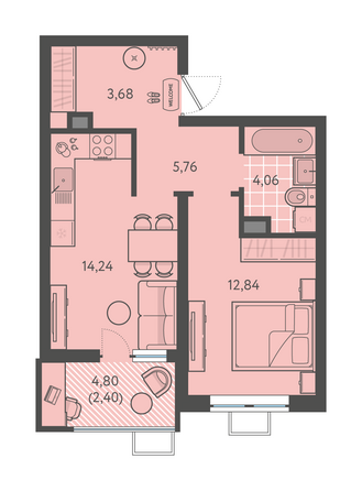 Планировка 1-комн 42,98 м²
