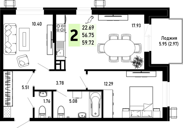 Планировка 2-комн 59,72 м²