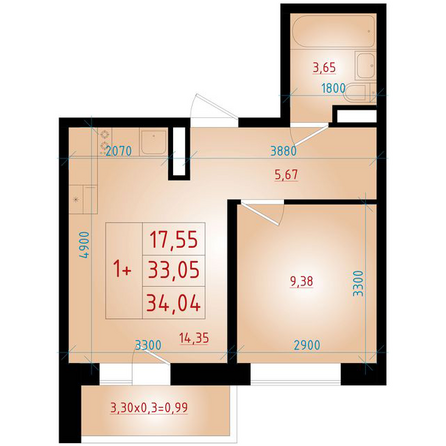 Планировка 1-комн 34,04 м²