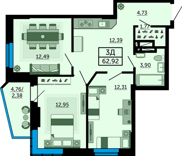 Планировка 3-комн 62,39, 62,56 м²