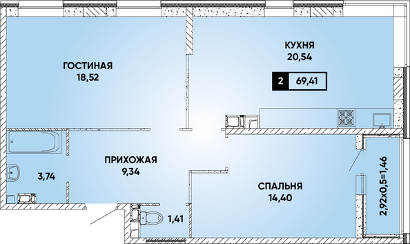 Планировка 2-комн 69,41 м²