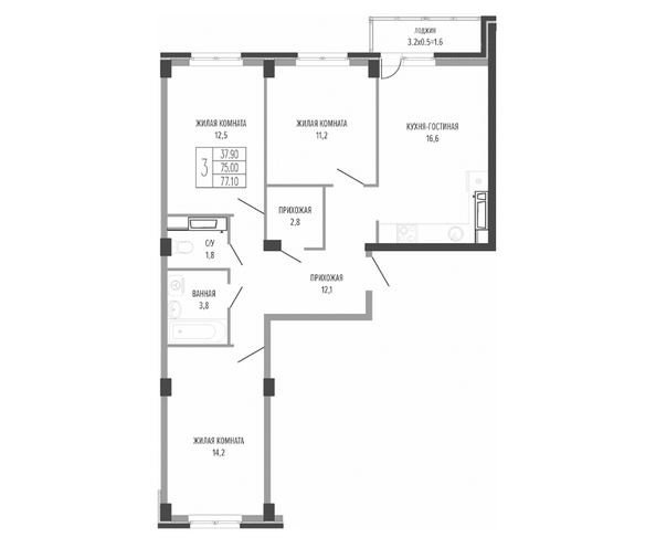 Планировка 3-комн 77,1 м²