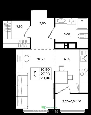 Планировка 1-комн 29 м²