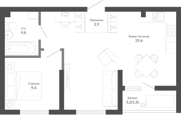 Планировка 1-комн 48,1 м²