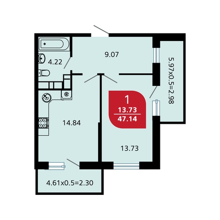 Планировка 1-комн 46,48 - 47,17 м²