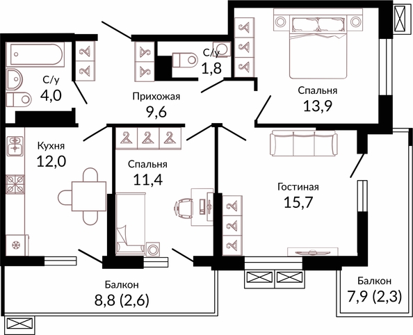 Планировка 3-комн 73,3 м²