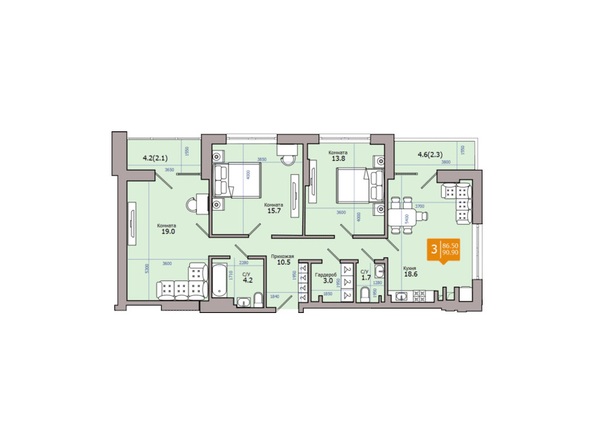 Планировка 3-комн 90,9 м²
