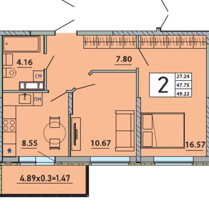 Планировка 2-комн 49,22 м²