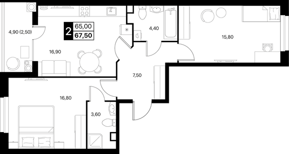 Планировка 2-комн 67,5 м²