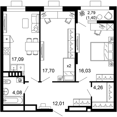 Планировка 2-комн 72,56 м²