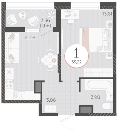 Планировка 1-комн 35,22 м²