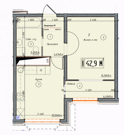 Планировка 1-комн 42,9 м²