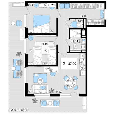Планировка 2-комн 87,9 м²