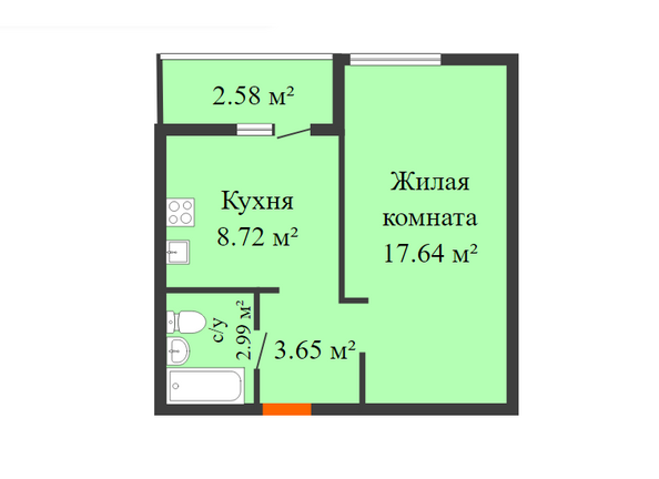 Планировка 1-комн 34,29 м²