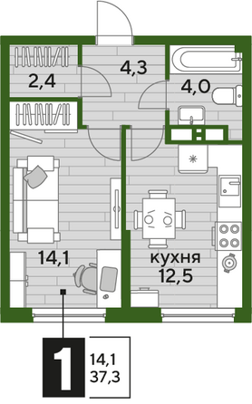 Планировка 1-комн 37,3 м²