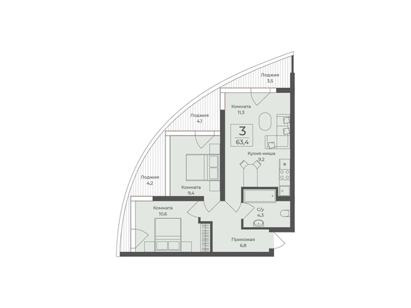 Планировка Апартамент 63,4 м²