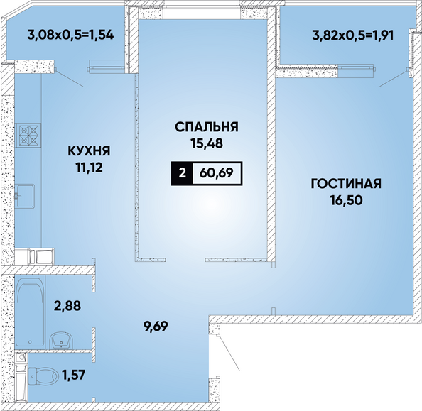 Планировка 2-комн 60,69 м²