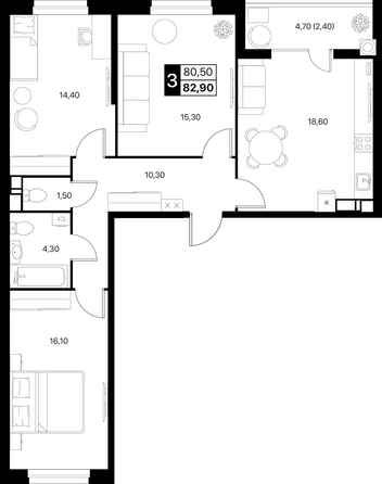 Планировка 3-комн 82,9, 83,2 м²