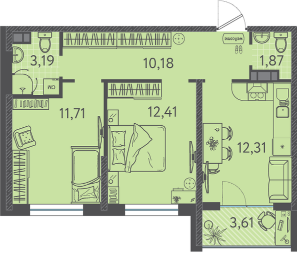 Планировка 2-комн 53,48 м²