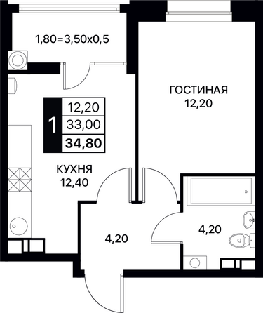 Планировка 1-комн 34,8, 35,2 м²