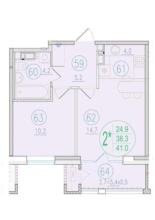 Планировка 2-комн 41 - 41,5 м²
