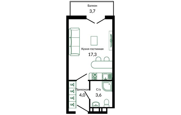 Планировка 1-комн 26 м²