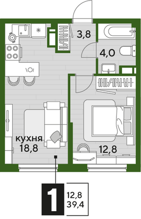 Планировка 1-комн 39,4 м²