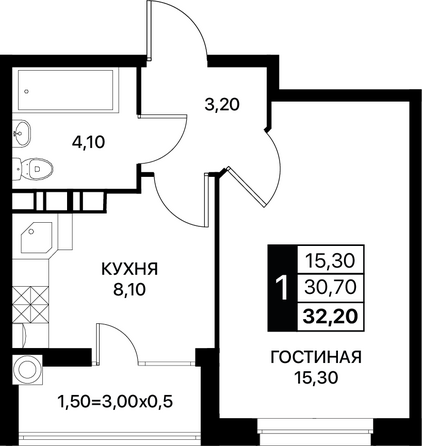 Планировка 1-комн 32,2 м²