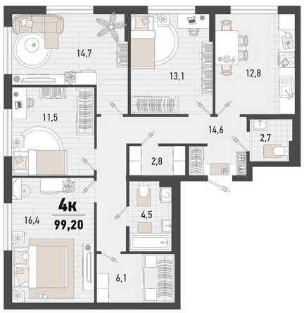 Планировка 4-комн 99,1, 99,2 м²